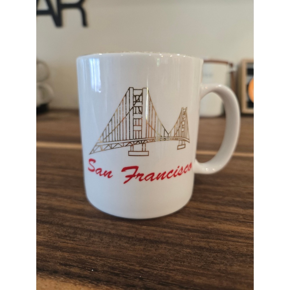 Vintage San Francisco Golden Gate Bridge Coffee Mug White Gold Red Souvenir